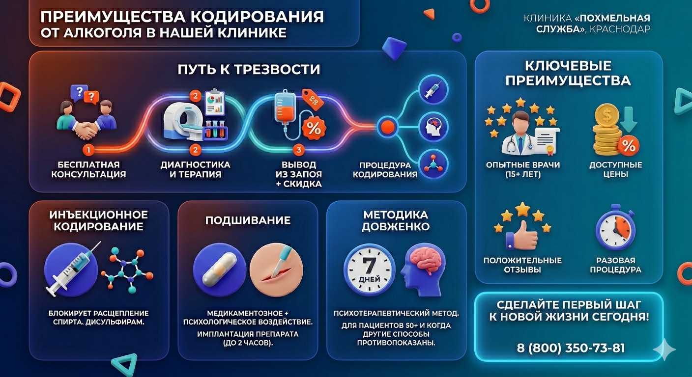 Инфографика о методах кодирования от алкоголя в Юрьев-Польском: инъекции, подшивание, метод Довженко. Преимущества клиники и этапы лечения.